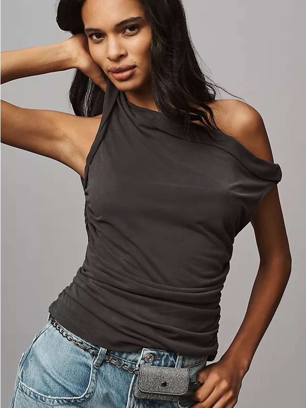 Anthropologie Pilcro Asymmetrical Ruched One-Shoulder Grey-Black Top Medium